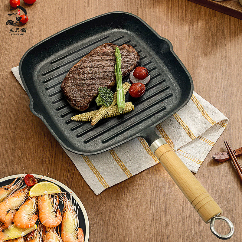Sartén Grill de Hierro Fundido con Mango de Madera — Antiadherente Natural, Apta para Inducción y Gas
