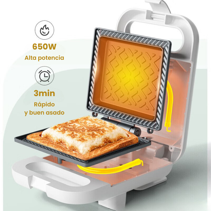 Máquina de hacer sándwiches compacta y antiadherente con una potencia de 650W