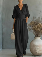 Tuta elegante da donna scollo a V - pantaloni ampi a vita alta
