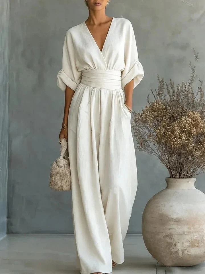 Tuta elegante da donna scollo a V - pantaloni ampi a vita alta