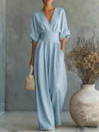Tuta elegante da donna scollo a V - pantaloni ampi a vita alta