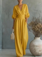 Tuta elegante da donna scollo a V - pantaloni ampi a vita alta