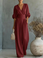 Tuta elegante da donna scollo a V - pantaloni ampi a vita alta